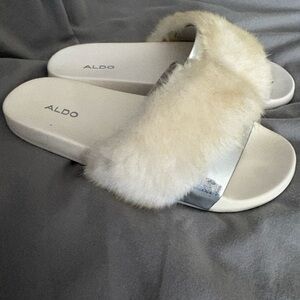 ALDO Women's White and Silver Fur Slippers